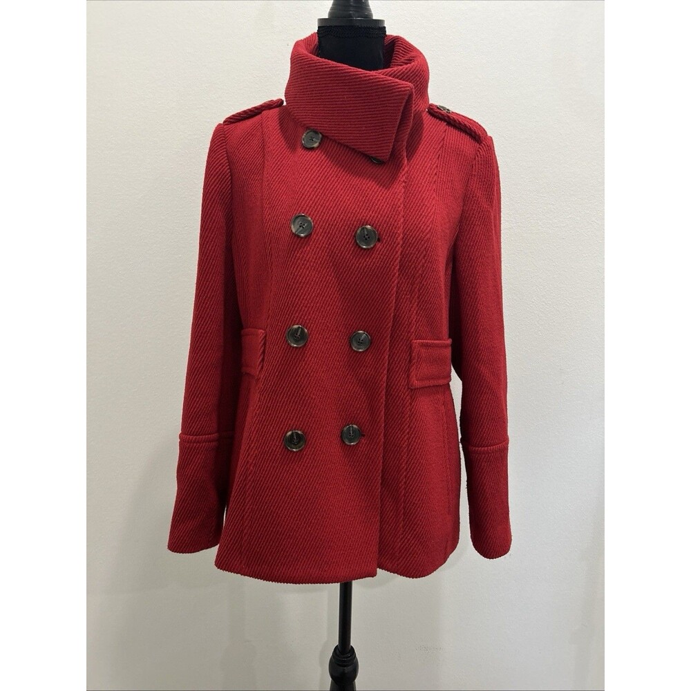 Ann Taylor Loft Womens Sz L Red Wool Blend Double Breasted Pea Coat